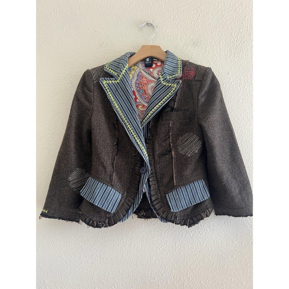 Vintage Y2K Thats It Patchwork Tweed Wool Blend Jacket Small Raw Hem Artsy Boho